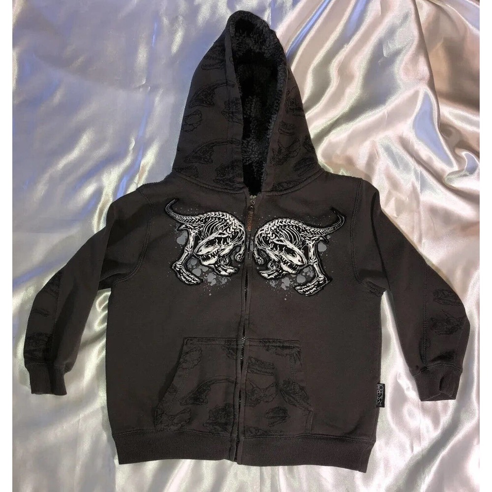 Top Heavy Boys Full Zip Sherpa Lined Hoodie Dinosaur Skeleton Graphics Size 5/6